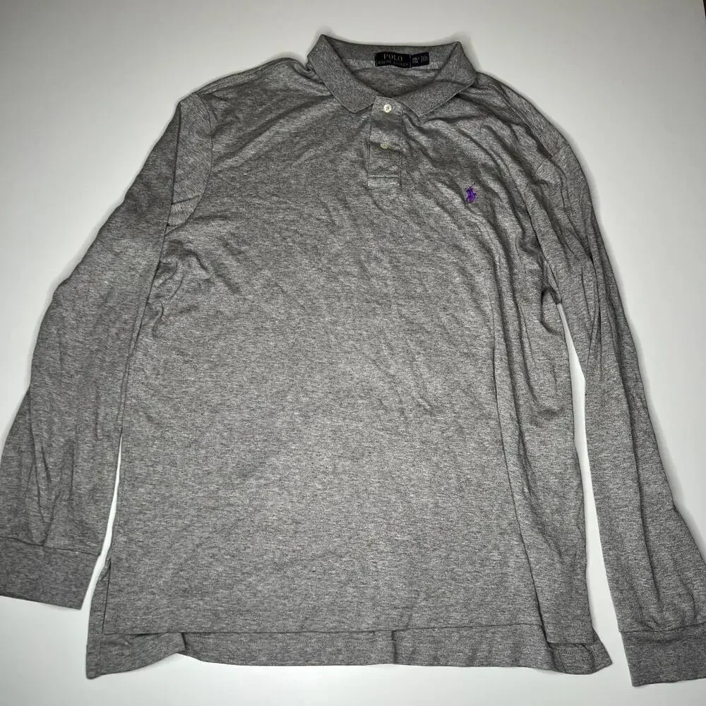 Polo Ralph Lauren Men’s Long Sleeve Polo Shirt Gray‎ Size XXL Purple Pony Cotton
